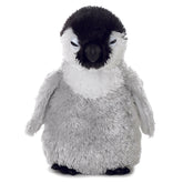 Grey and white baby penguin plush toy from Mini Flopsie by Aurora with chubby features and expressive eyes.